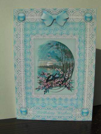 Bluebirds, Blossoms 'n Lace Pyramid Card Front by Shelley Moniz
