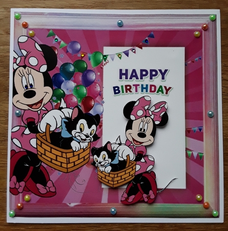 Cute Minnie in pink with kitty in Rainbow frame with balloons 8x8 by Shirley Taylor