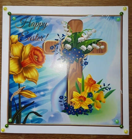 Lovely easter cross with daffodils with pyramids  8x8 by Shirley Taylor