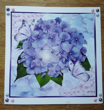 pretty purple hydrangeas with butterflies 7x7 topper by Shirley Taylor