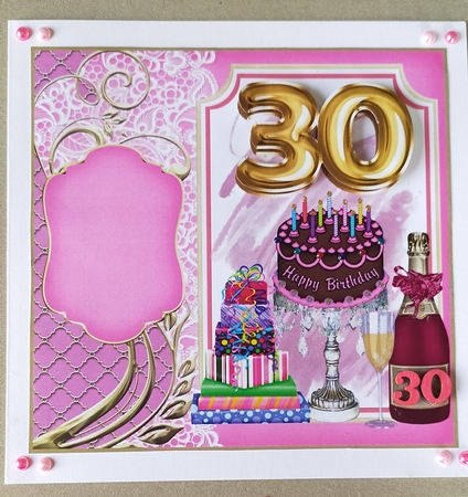 Age 30 champagne cake and present card front by Shirley Taylor