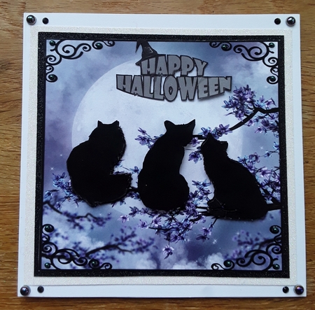 Moonlight Meowting - 6x6 inch card front with decoupage by Shirley Taylor