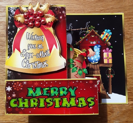 An Eggs-cellent Christmas  - Z fold Card with pop up bars.  by Shirley Taylor