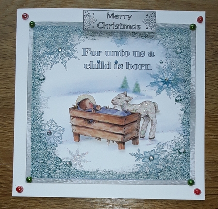 A Child is Born - 6x6 inch card front with decoupage and 8 greeting boxes by Shirley Taylor