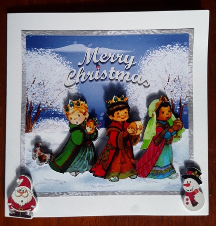 Three Kings and a Dog - 6x6 inch card front with decoupage, by Shirley Taylor