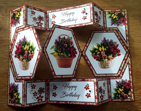 Hexagon shutter card Tulip baskets by Shirley Taylor