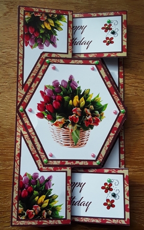 Hexagon shutter card Tulip baskets by Shirley Taylor