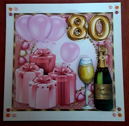 Pink age 80 balloons and presents card front by Shirley Taylor