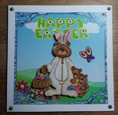 The Easter Bunny Bear - 6x6 inch card front with decoupage by Shirley Taylor