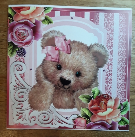 fancy pink lace ornate corner card front 8x8 with bear & roses by Shirley Taylor