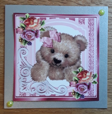 fancy pink lace ornate corner card front 8x8 with bear & roses by Shirley Taylor