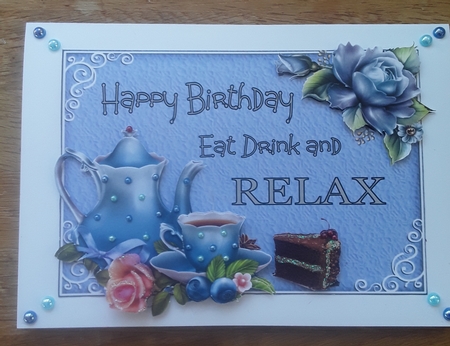 Tea and Cake 1 - 7x5 inch card front with decoupage by Shirley Taylor