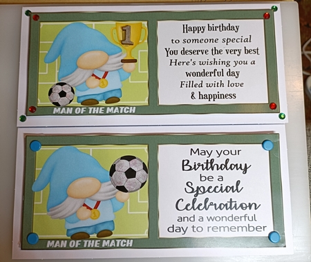 3 Blue football gnome toppers by Shirley Taylor