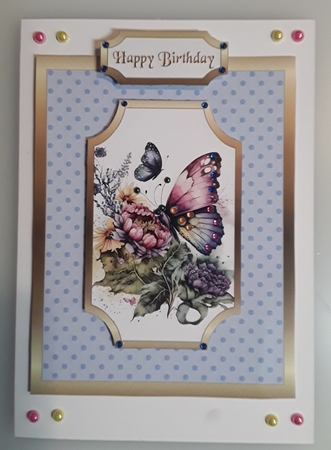 Butterfly on spotty blue paper 5x7 by Shirley Taylor
