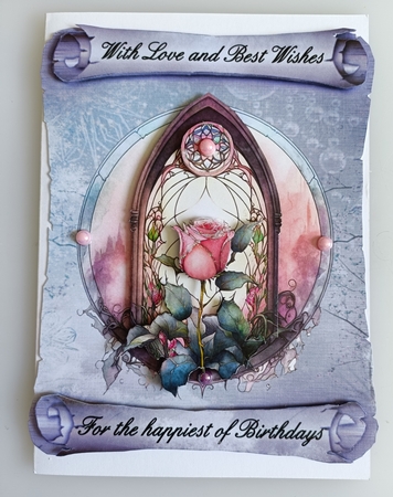 Church Windows 2, Birthday - 7x5 inch card front with decoupage by Shirley Taylor