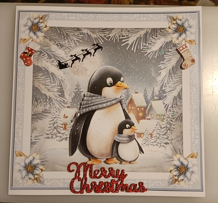 Christmas Penguins 8x8ins Decoupage Topper 1 by Shirley Taylor