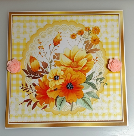 Pretty Orange Flowers On Lace With Yellow Gingham 7x7 (Three) by Shirley Taylor
