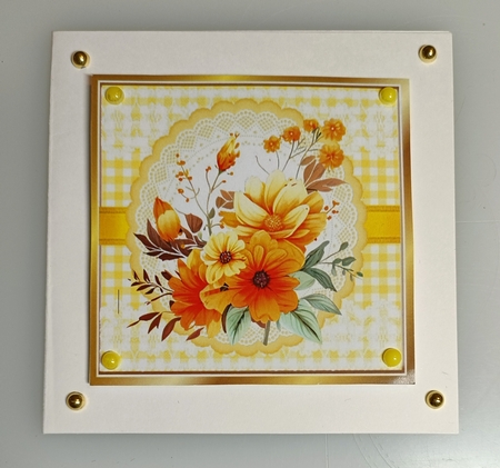 Pretty Orange Flowers On Lace With Yellow Gingham 7x7 (Three) by Shirley Taylor