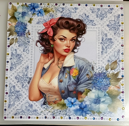 Pretty Vintage Pin-up Girl With Lace & Blue Roses 8x8 (two) by Shirley Taylor