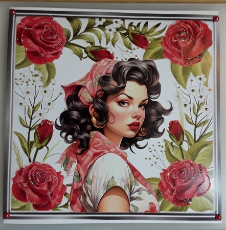 Pretty Vintage Pin-up Girl  With Red Roses 8x8 (Three) by Shirley Taylor