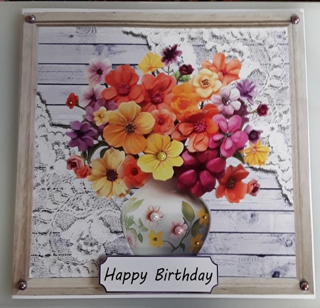 Pretty Blue Wood, Lace Corners With Flower Vase 8x8 (One) by Shirley Taylor