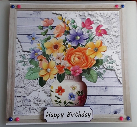 Pretty Blue Wood, Lace Corners With Flower Vase 8x8 (Three) by Shirley Taylor