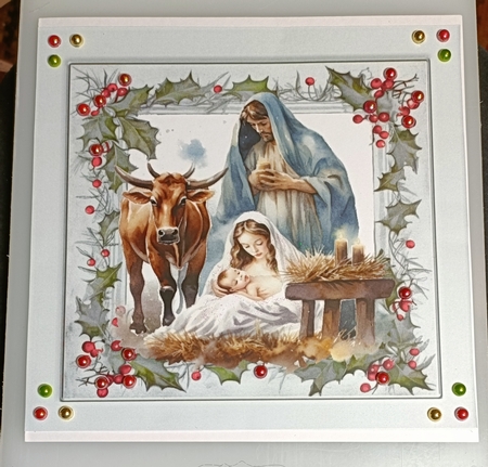Lovely Nativity in Silver Holly Red Berry 8x8 Frame (Four) by Shirley Taylor
