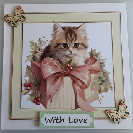 Cute Kitten With Christmas Present  In Cream 7x7 Frame TWO by Shirley Taylor