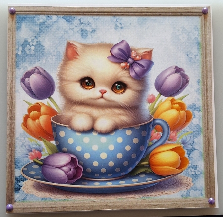 Cute White Kitty In Blue Polkadot Teacup 8X8 Toppers by Shirley Taylor
