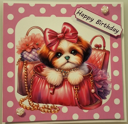 Cute Puppy With Makeup ,Pink Polkadot 8x8 (ONE) by Shirley Taylor