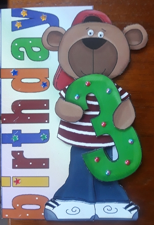 Birthday Boy Bear Age Three Over the Side Decoupage by Shirley Taylor