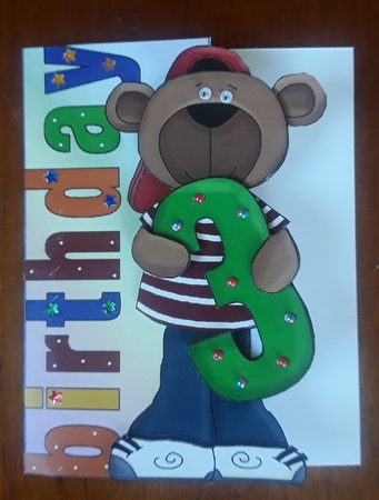 Birthday Boy Bear Age Three Over the Side Decoupage by Shirley Taylor