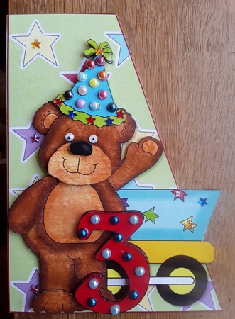 3rd Birthday Bear Over the Edge Card Front and Decoupage by Shirley Taylor