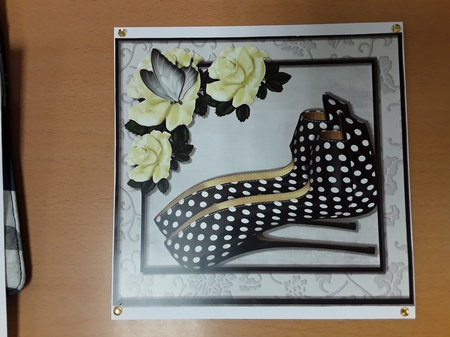 Beautiful Black Polka Dot Shoe with Cream Rose 8x8 by Shirley Taylor