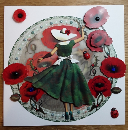 1950s Red Poppies Lady Scalloped Round Topper & Decoupage by Shirley Taylor
