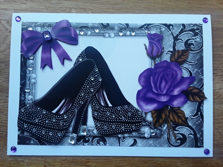 Black Diamante shoes with purple rose A5 by Shirley Taylor