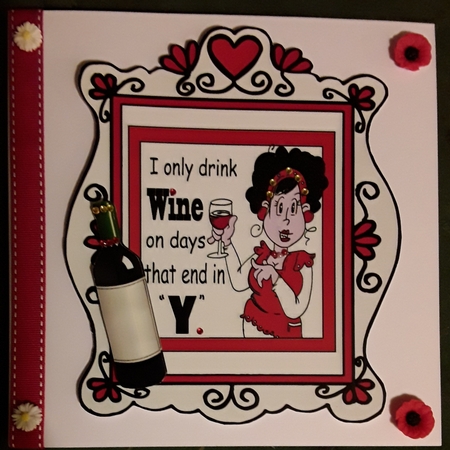 Lady in red, with  wine in heart ornate frame by Shirley Taylor