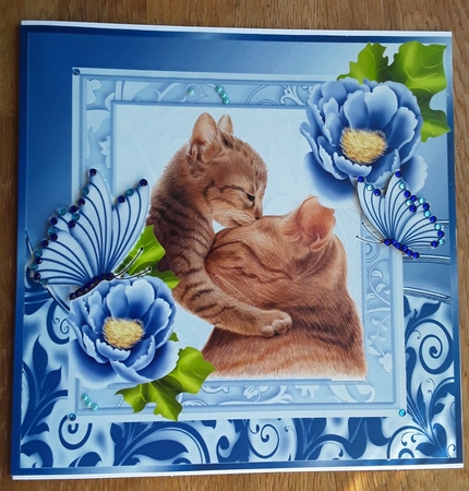 Cute painted mum and kitten with pretty blue flowers 8x8 by Shirley Taylor