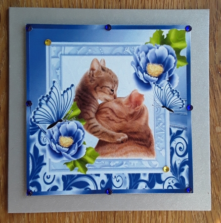 Cute painted mum and kitten with pretty blue flowers 8x8 by Shirley Taylor