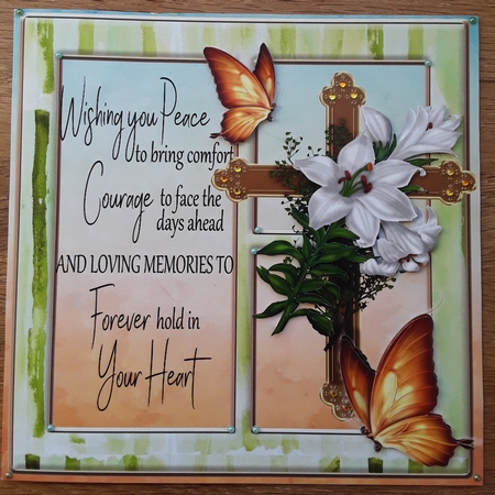 Lovely gold  sympathy cross with white lilies with verse, window card front 8x8 by Shirley Taylor