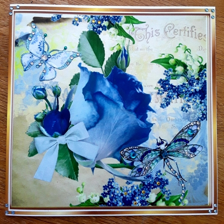 Pretty blue rose with script, dragonfly, butterfly & bow 8x8 by Shirley Taylor