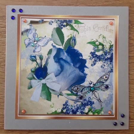 Pretty blue rose with script, dragonfly, butterfly & bow 8x8 by Shirley Taylor