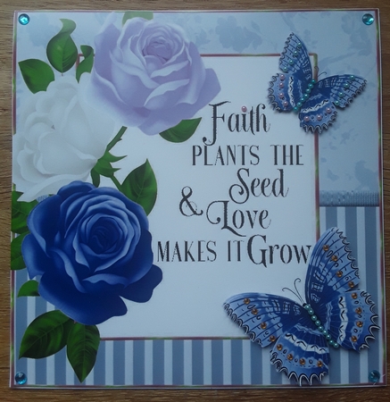 Love Grows pretty blue  roses and butterflies striped frame 8x8 by Shirley Taylor
