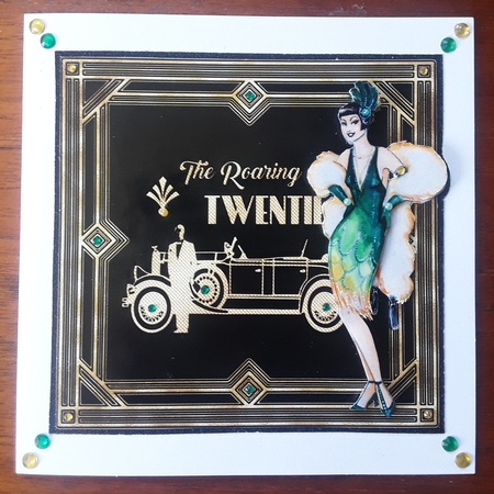 Roarin 20s 2 - 6x6 inch card front with decoupage by Shirley Taylor