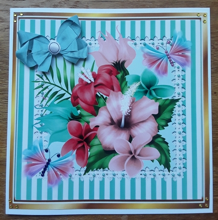 Tropical pink flowers with exotic butterflies in stripe 8x8 frame by Shirley Taylor