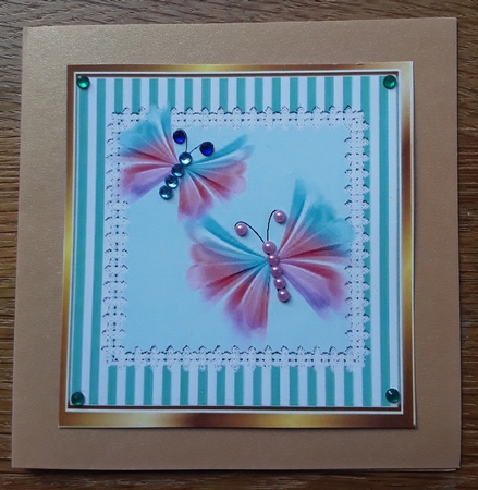 Tropical pink flowers with exotic butterflies in stripe 8x8 frame by Shirley Taylor