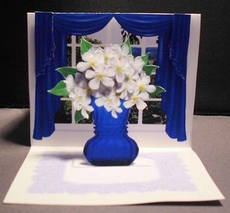 White Flowers in a Vase in the Window 3D Decoupage Easel Car by Shirli Walker