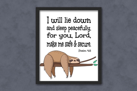 Sleep Sloth Nursery Scripture Word Art Printable Wall Decor Print Designed at 8X10 Psalm 4:8 by Sonja Nelson