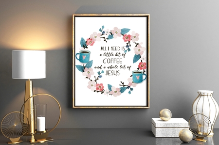 Printable wall decor 8x10 Coffee & Jesus christian word art watercolor print by Sonja Nelson