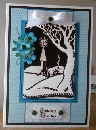 Retro Christmas Village Scene Card Front by Sonja Nelson